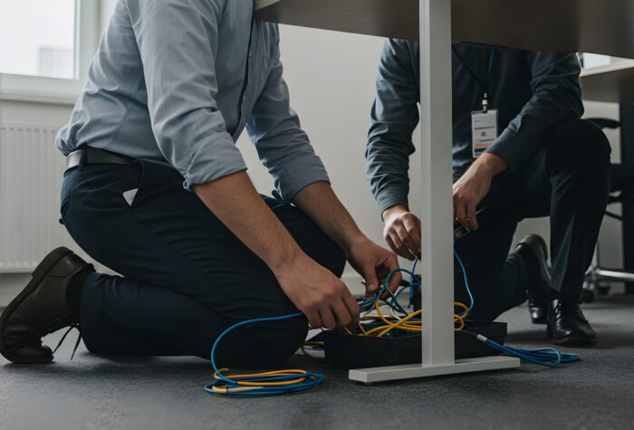 IT Support Professionals Connecting Network Cables Under Modern Office Desk for Business Network Setup